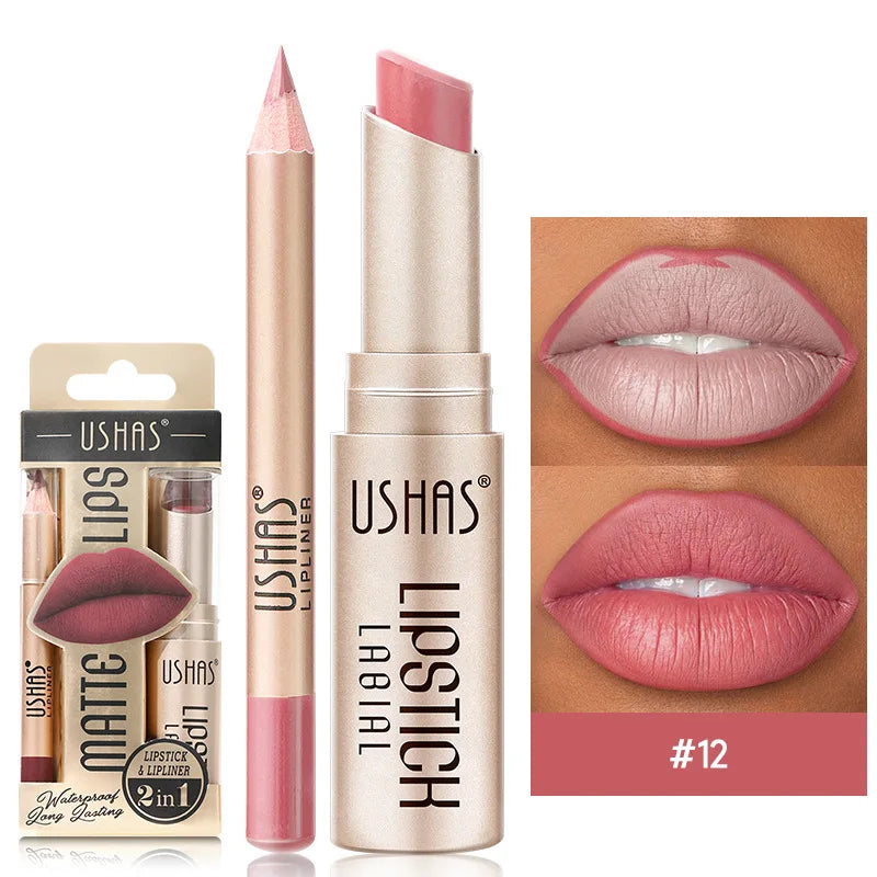 USHAS 12-Color Lip Liner & Matte Lipstick Set – Bold, Long-Lasting Color!